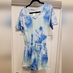 Blue green and white tie-dye v-neck romper, women's medium